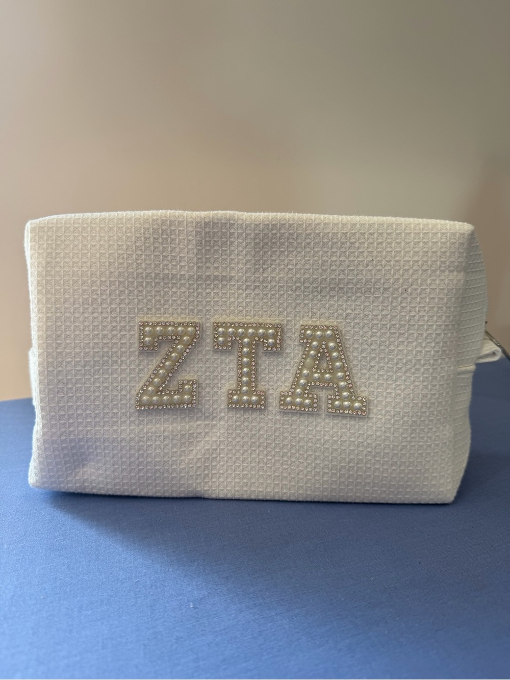 Pearl-Trim White Cosmetic Pouch - ZTA Monogram